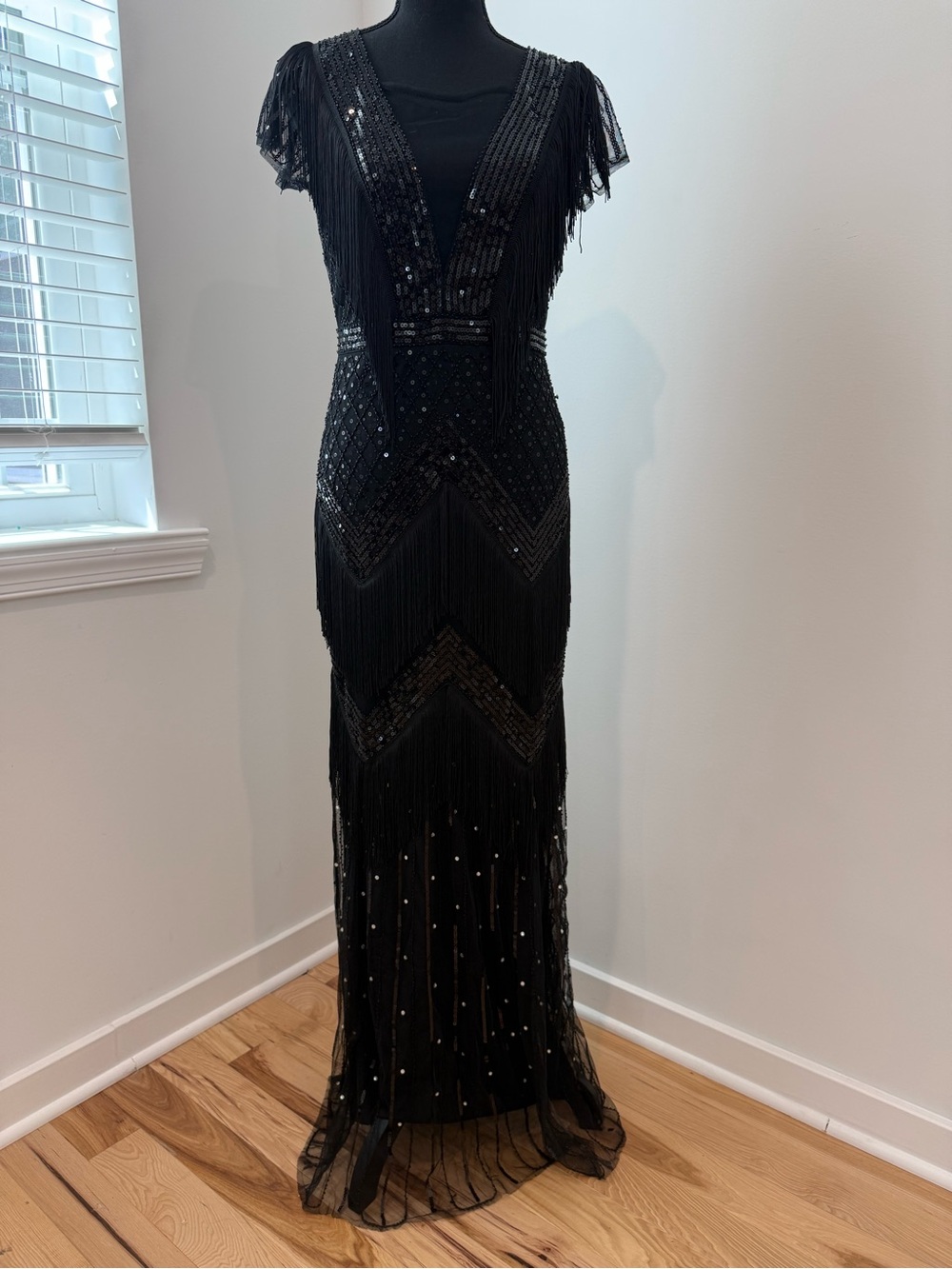 Black Sequin Fringe Gatsby Maxi Dress | Art Deco Formal Gown